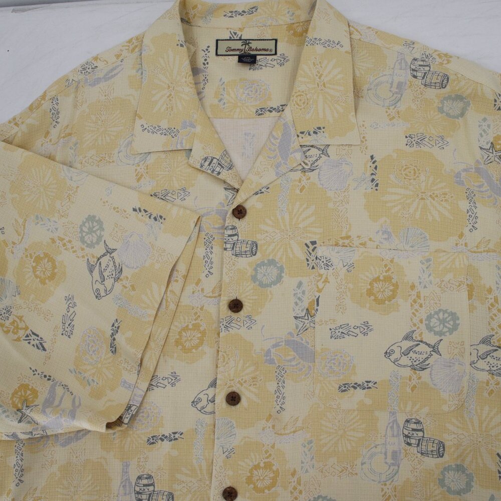 Tommy Bahama Hawaiian Shirt Mens 2XL Silk Fish beer barrel print starfish camp